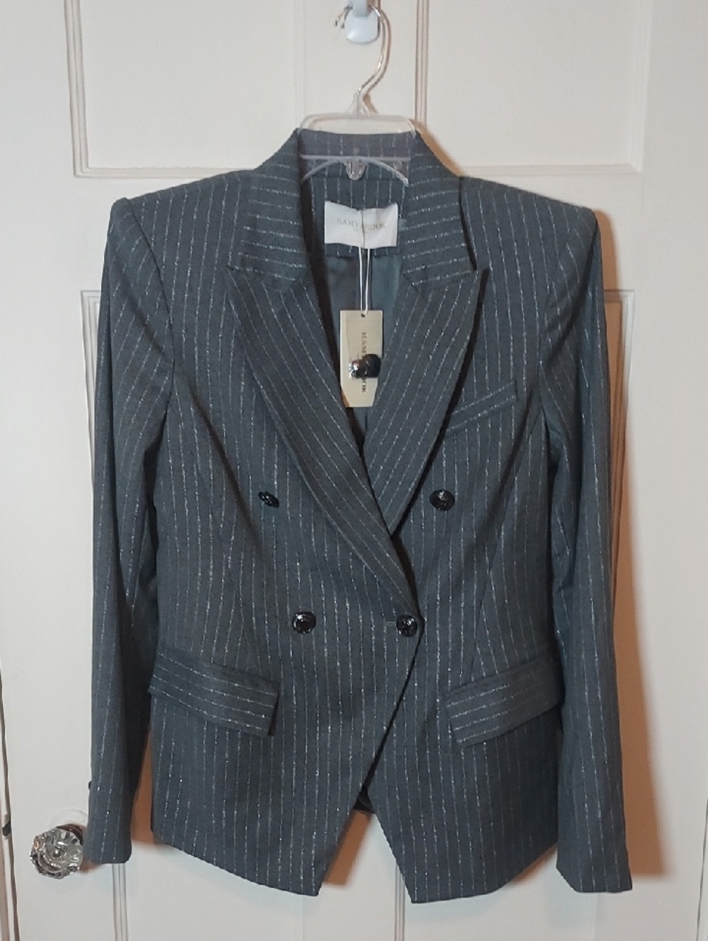 Ramy Brook Women's Collins Double-Breasted Metallic Pinstripe Blazer Size 8 - Picture 4 of 16